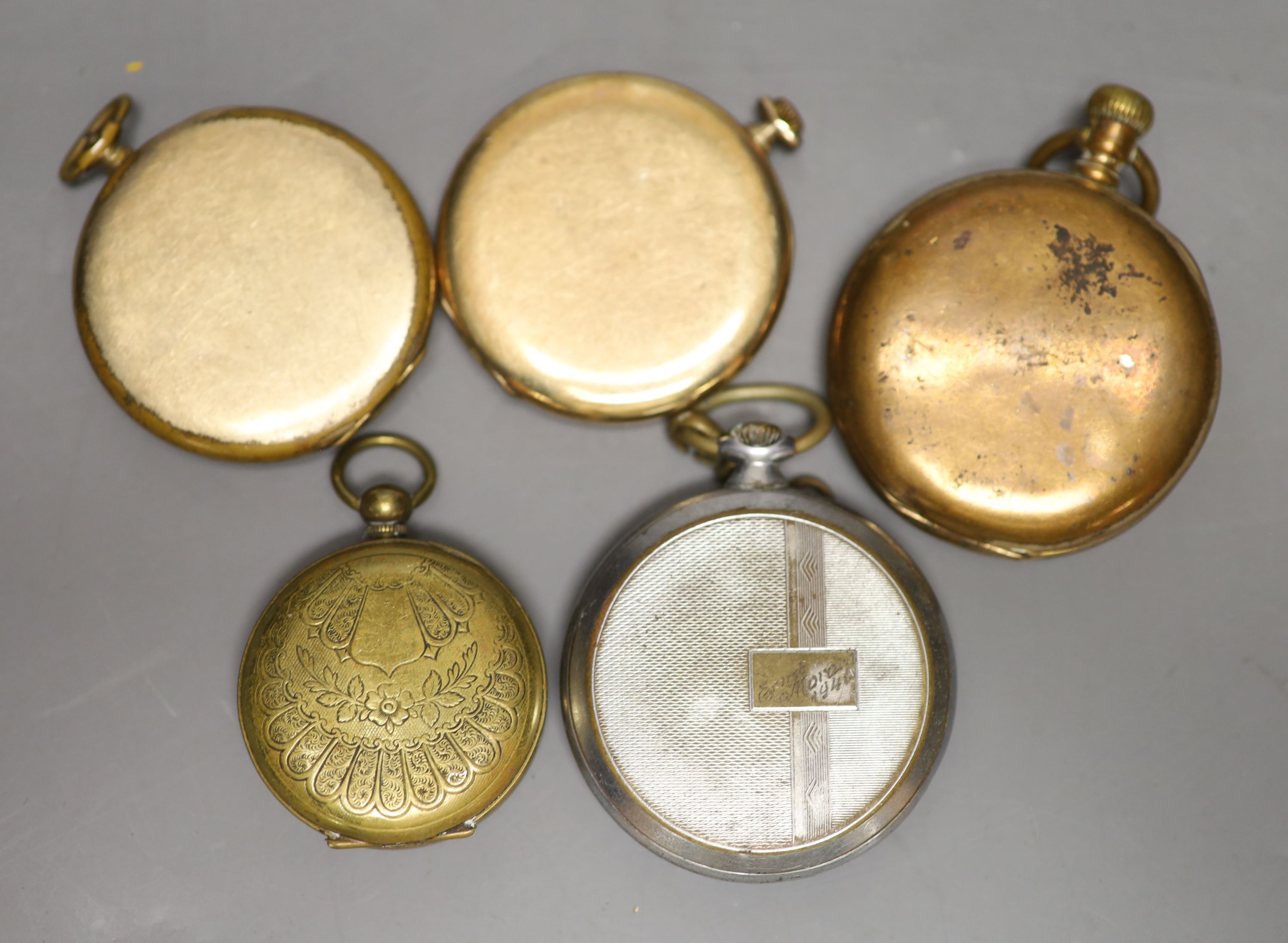 Five assorted base metal pocket watches including Waltham and Tempo(a.f.)